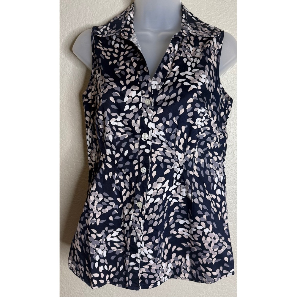 Banana Republic Womens XS Sleeveless Button Down Navy Blue Abstract Petal Print